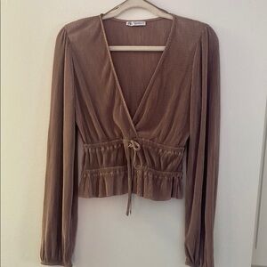 Zara Brown Ribbed Wrap Top